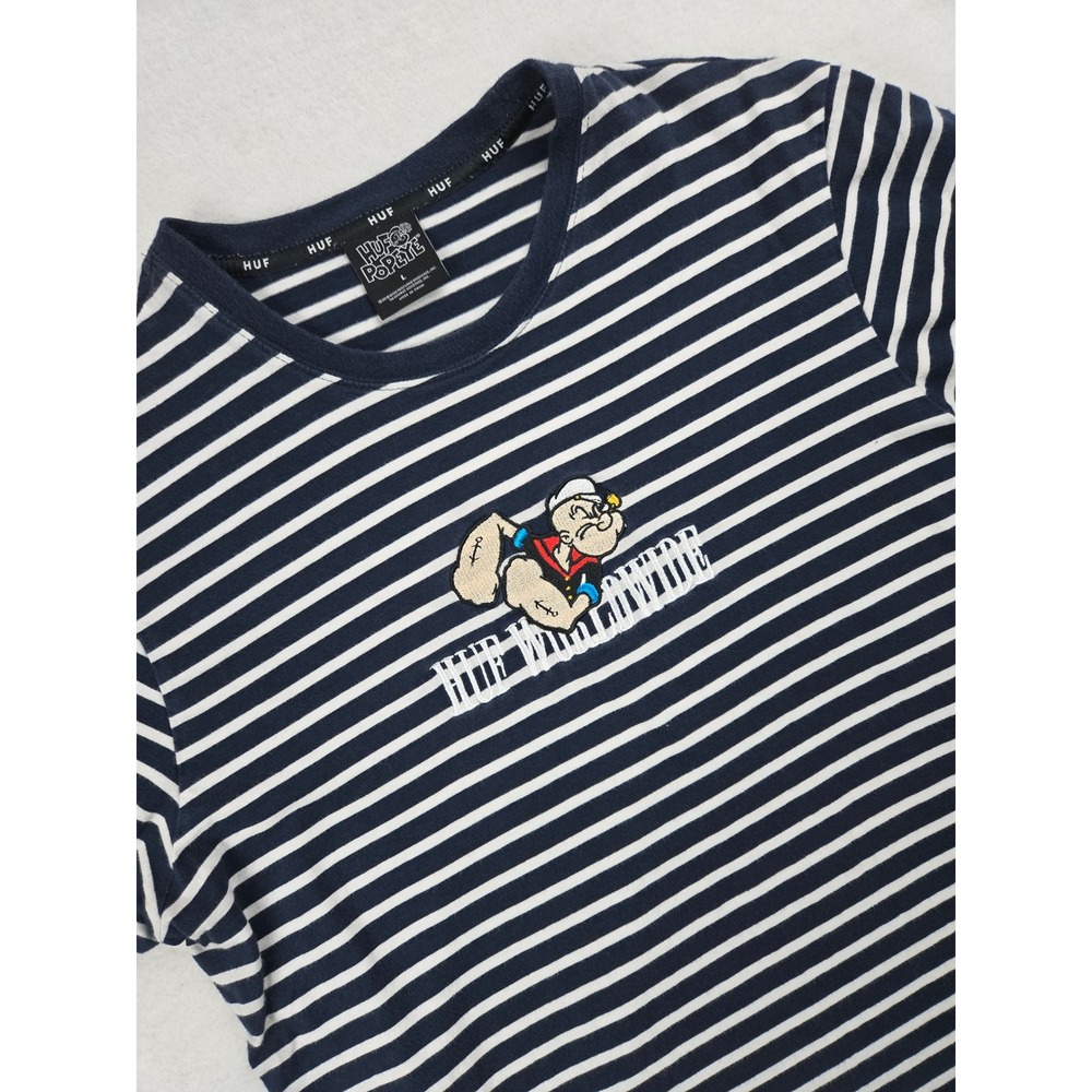 HUF x Popeye Striped T-Shirt Mens Sz L Navy White Embroidered HUF Worldwide 2018
